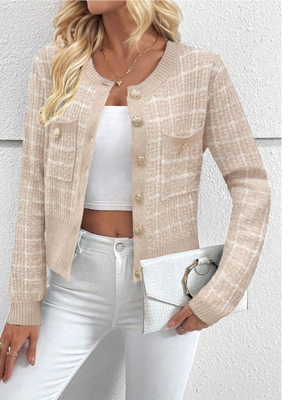 Beige Plaid Button Up Cardigan Knit Long Sleeve